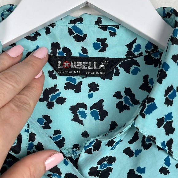 Vintage‎ Loubella Cheetah Animal Print Baby Blue Button Down Blouse XL - Picture 2 of 12